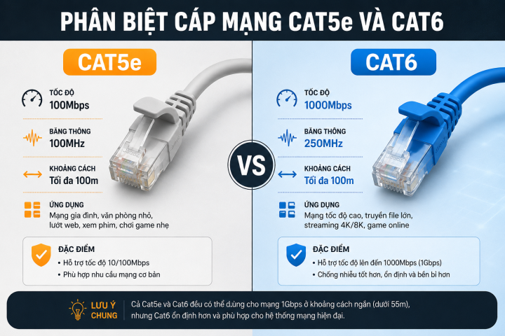Phân biệt và so sách cáp mạng Cat5e và Cat6
