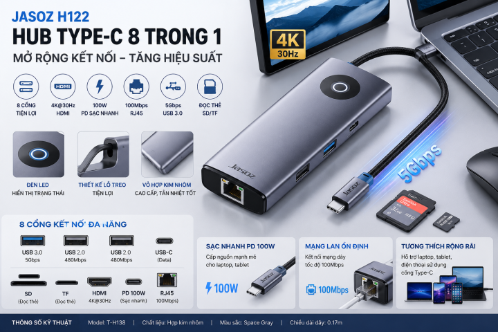 JASOZ H122 – HUB Type-C 8 Trong 1 - Đa Năng Cho Làm Việc & Giải Trí Hiện Đại